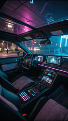 Футуристический салон автомобиля с яркими неоновыми огнями и передовыми технологиями. Генеративный искусственный интеллект - RomanZ