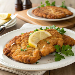 Вкусный шницель, подаваемый с лимоном и свежей зеленью на деревянном столе. Генеративный искусственный интеллект - RomanZ