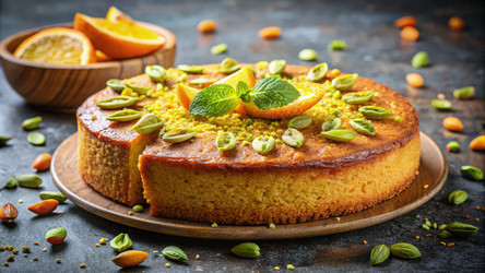 Вкусный марокканский пирог с апельсиново-фисташковой начинкой на деревянном столе. Генеративный ИИ - RomanZ