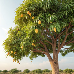 Mango Treerz: Стандартная шкала, демонстрирующая спелые манго на пышном зеленом дереве. Генеративный ИИ - RomanZ