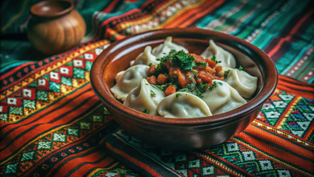 Глиняная миска в деревенском стиле, наполненная вкусными пельменями и свежими начинками, на яркой ткани. Генеративный искусственный интеллект - RomanZ