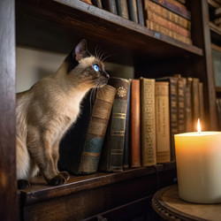 Сиамская кошка сидит на книжной полке возле свечи в уютной обстановке библиотеки. Генеративный ИИ - RomanZ