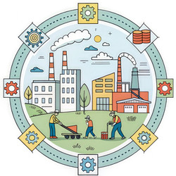 Производители, работающие в мультяшной промышленной обстановке с оборудованием. Генеративный ИИ - RomanZ