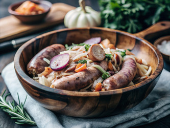 Вкусное блюдо из капусты и колбасы, подаваемое в деревянной миске на деревенском столе. Генеративный искусственный интеллект - RomanZ