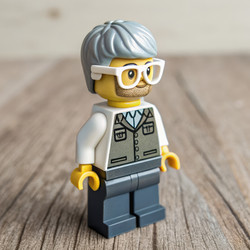 Фигурка человека из конструктора Lego с седыми волосами и очками стоит на деревянной поверхности. Генеративный искусственный интеллект - RomanZ