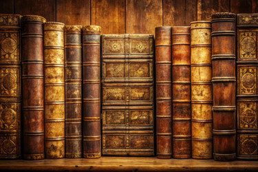 Интерьер винтажной библиотеки, демонстрирующий старые книги в фактурных кожаных переплетах на полке. Генеративный искусственный интеллект - RomanZ