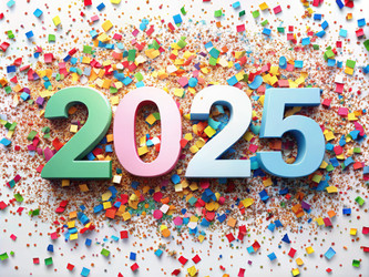 Красочное празднование наступления 2025 года на фоне конфетти. Генеративный ИИ - RomanZ