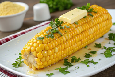 Свежеприготовленная кукуруза в початках с маслом и зеленью на сервировочной тарелке. Генеративный искусственный интеллект - RomanZ