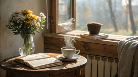 Уютное утро с дымящимся кофе и цветами у окна. Генеративный ИИ - RomanZ