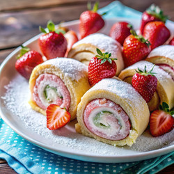 Вкусные рулетики с клубничным кремом, украшенные свежей клубникой. Генеративный искусственный интеллект - RomanZ