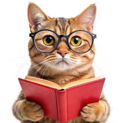 Умный кот в очках читает красную книгу в игривой обстановке. Генеративный ИИ - RomanZ