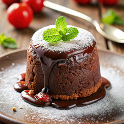 Вкусный шоколадный кекс с жидкой начинкой, подается с украшением из листьев мяты. Генеративный искусственный интеллект - RomanZ