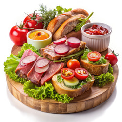 Ассорти из свежего мяса на хлебе с овощами, подается на деревянном подносе. Генеративный искусственный интеллект - RomanZ