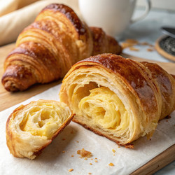 Golden Buttery Layers of Croissant Reveal Flaky Perfection at a Cozy Café. Generative AI - RomanZ