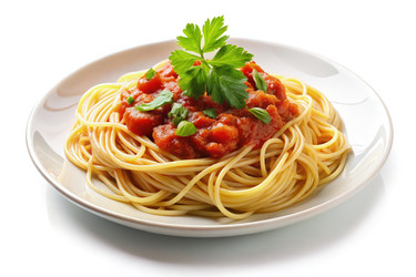 Вкусные спагетти, подаваемые с ярким томатным соусом и свежей зеленью. Генеративный искусственный интеллект - RomanZ
