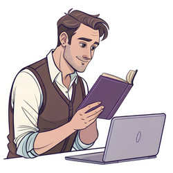 Красивый мужчина читает книгу во время учебы в уютной обстановке. Генеративный ИИ - RomanZ