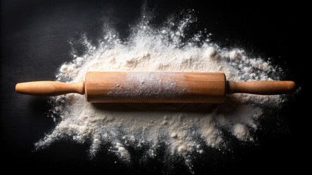 Скалка, окруженная мукой, на темной поверхности на кухне. Генеративный ИИ - RomanZ