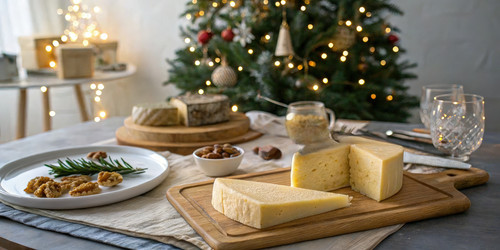 Вкуснейшая запеченная курица подается с праздничной сырной тарелкой и новогодними украшениями. Генеративный искусственный интеллект - RomanZ
