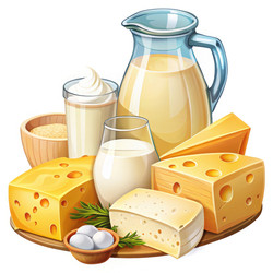 Молочные продукты в мультяшном стиле, разложенные на блюде со свежими ингредиентами. Генеративный искусственный интеллект - RomanZ