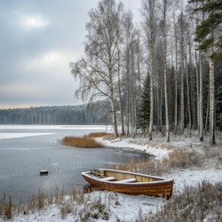 Зимний пейзаж безлюдного леса на фоне спокойного садового озера с лодками. Генеративный ИИ - RomanZ