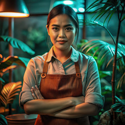 Barista in Cozy Plant-Themed Café in the Philippines During Evening Hours. Generative AI - RomanZ