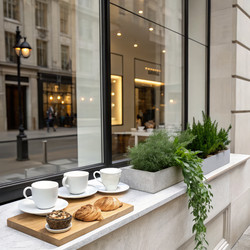 Coffee Display Outside an Elegant Minimalist Café During the Day. Generative AI - RomanZ