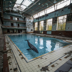 Кит плавает в заброшенном бассейне в полуразрушенном здании. Генеративный ИИ - RomanZ