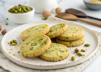 Фисташковое песочное печенье, приготовленное на чистой кухонной столешнице. Генеративный искусственный интеллект - RomanZ