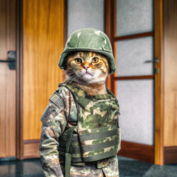 Кот в камуфляжной военной форме уверенно стоит в помещении. Генеративный ИИ - RomanZ