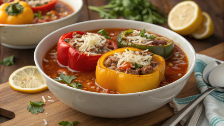 Вкусные фаршированные перцы, приготовленные в ароматном бульоне, — сытное и согревающее блюдо. Генеративный искусственный интеллект - RomanZ