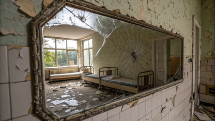 Отражения в разбитом зеркале заброшенной комнаты со старыми кроватями. Генеративный искусственный интеллект - RomanZ