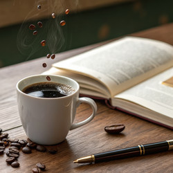Черный кофе с плавающими в нем кофейными зернами и книга на деревянном столе. Генеративный ИИ - RomanZ