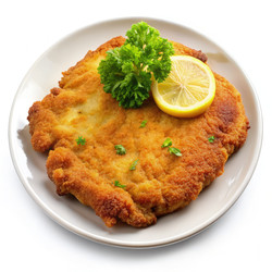 Вкусный свиной шницель, подаваемый с лимоном и петрушкой на белой тарелке. Генеративный искусственный интеллект - RomanZ