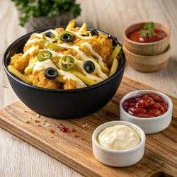 Миска с хрустящей картошкой фри и куриными наггетсами с соусами на деревянном столе. Генеративный ИИ - RomanZ