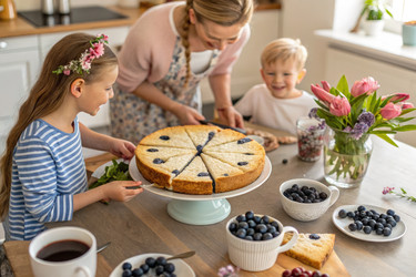 Уютный семейный бранч с десертом из черники и рикотты и радостными моментами. Генеративный ИИ - RomanZ