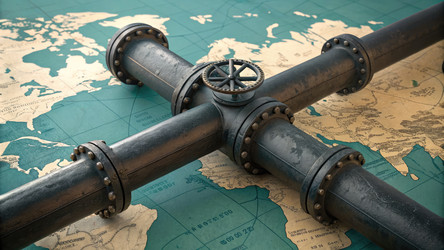 Детальное изображение крупной системы темных металлических труб на карте мира. Генеративный ИИ - RomanZ