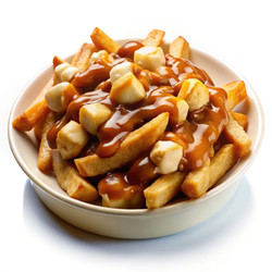 Классическая путин (картофель фри с сыром и подливкой), подаваемая на белой тарелке с картофелем фри, сырными шариками и подливкой. Генеративный искусственный интеллект - RomanZ