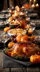 Индейка коричневого цвета на черной тарелке с мини-тыквами, клюквенным соусом и зеленью. Длинный стол со столовыми приборами, свечами и миской для начинки. Теплая, деревенская осенняя атмосфера при мягком свете свечей - Neirfy