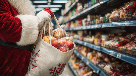 Санта-Клаус несет пакет с продуктами в супермаркете - Neirfy