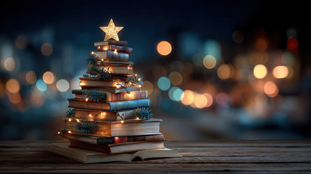 Стопка старинных книг образует рождественскую елку, украшенную гирляндами и сосновыми веточками, увенчанную сверкающей звездой, установленную на деревянной поверхности на фоне ночного городского пейзажа с эффектом боке - Neirfy