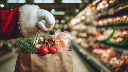В супермаркете Санта держит сумку с продуктами - Neirfy