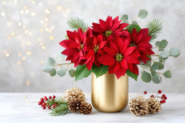 Красные пуансеттии, эвкалипт и сосновые шишки в золотой вазе на мраморном фоне, мягкое боке, имитирующее гирлянду из огоньков - Neirfy