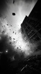 Черно-белые кадры городского взрыва: обломки заполняют переулок, летят щебень и рушатся фасады, густой дым подсвечивается резким солнечным светом, высококонтрастные тени - Neirfy