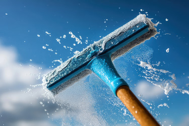 Высокоскоростная съемка, запечатлевшая дуги воды во время мытья окон. Динамичное изображение, демонстрирующее работу микрофибровой салфетки на фоне яркого неба и сверкающего чистого стекла - Neirfy