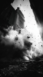 Последствия городского хаоса, улица, заваленная обломками и разрушенными зданиями после взрыва, опустошенный городской пейзаж с летящими обломками и рушащимися конструкциями под палящим солнцем - Neirfy