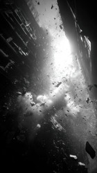 Черно-белые кадры городского взрыва: обломки заполняют переулок, летят щебень и рушатся фасады, густой дым подсвечивается резким солнечным светом, высококонтрастные тени - Neirfy