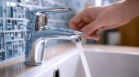 Мужчина наполняет стакан свежей чистой водой, поступающей непосредственно из современного кухонного крана в его доме - Neirfy