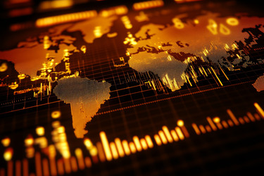 Яркая карта мира с наложением финансовых данных, золотыми континентами и вертикальными столбчатыми диаграммами создает динамичную визуализацию рынка и потоковые аналитические линии - Neirfy