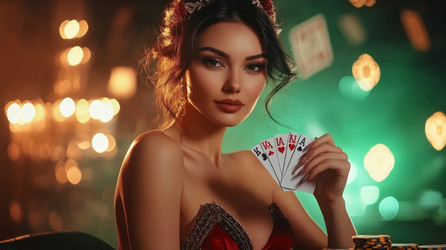 Гламурная и очаровательная женщина демонстрирует свои впечатляющие навыки игры в покер за оживленным столом в казино - Neirfy