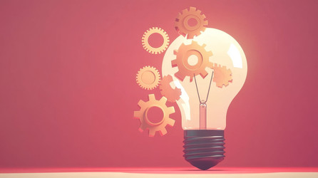 Иллюстрация инновационных идей с помощью символа лампочки и шестеренок, олицетворяющих креативные решения и энергию - Neirfy